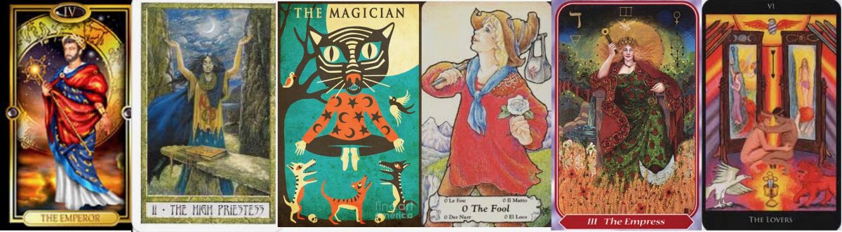 A banner of Tarot cards including The Magician, The Fool, The Empress, The lovers and more